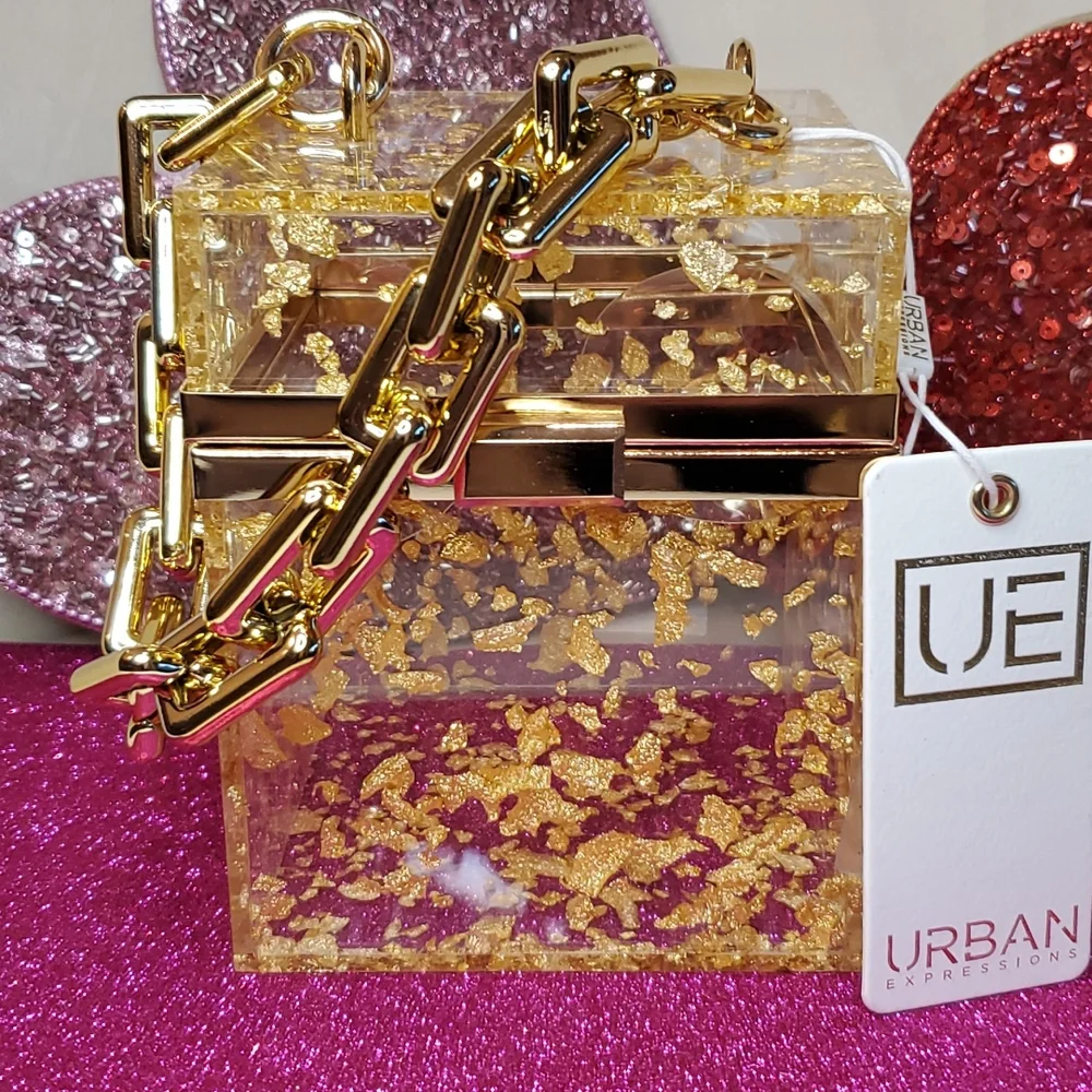 🎉HP🎉Urban Expressions 💜NWT💜 Acrylic Gold Foil Box Bag & Gold Chain Handle! - Picture 6 of 15